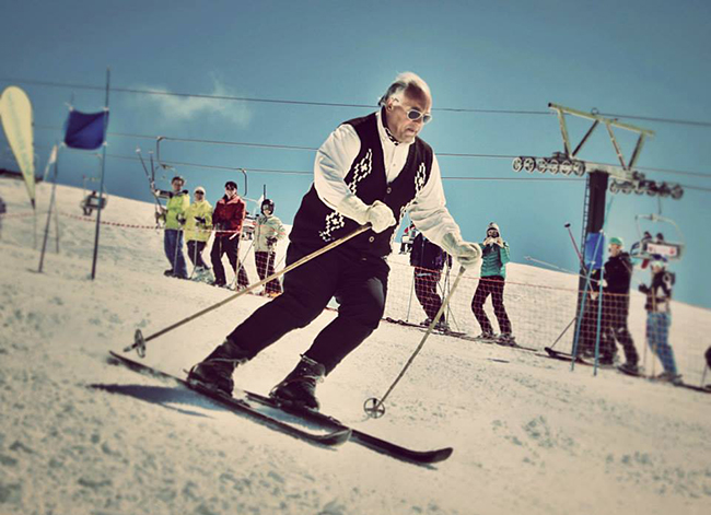 1930s skier, old skool skier, old school skier, wooden skis, Cerro Catedral, vintage skier, Jorge, Argentina