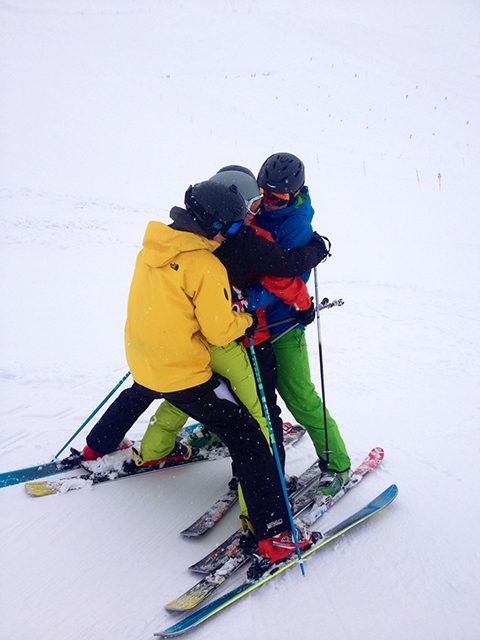 group hug, ski gap year, skiers, group bonding, Peak Leaders, gap year ski instructor course, Saas Fee, Peak Leaders