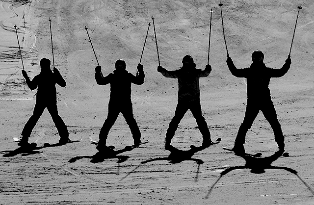 skiers, silhouette, Saas Fee glacier, Peak Leaders instructor course