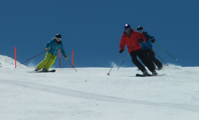 synchronised skiing, ski, BASI level 2, ski instructor course, trainee ski instructors, Verbier Switzerland, synchronised skiing