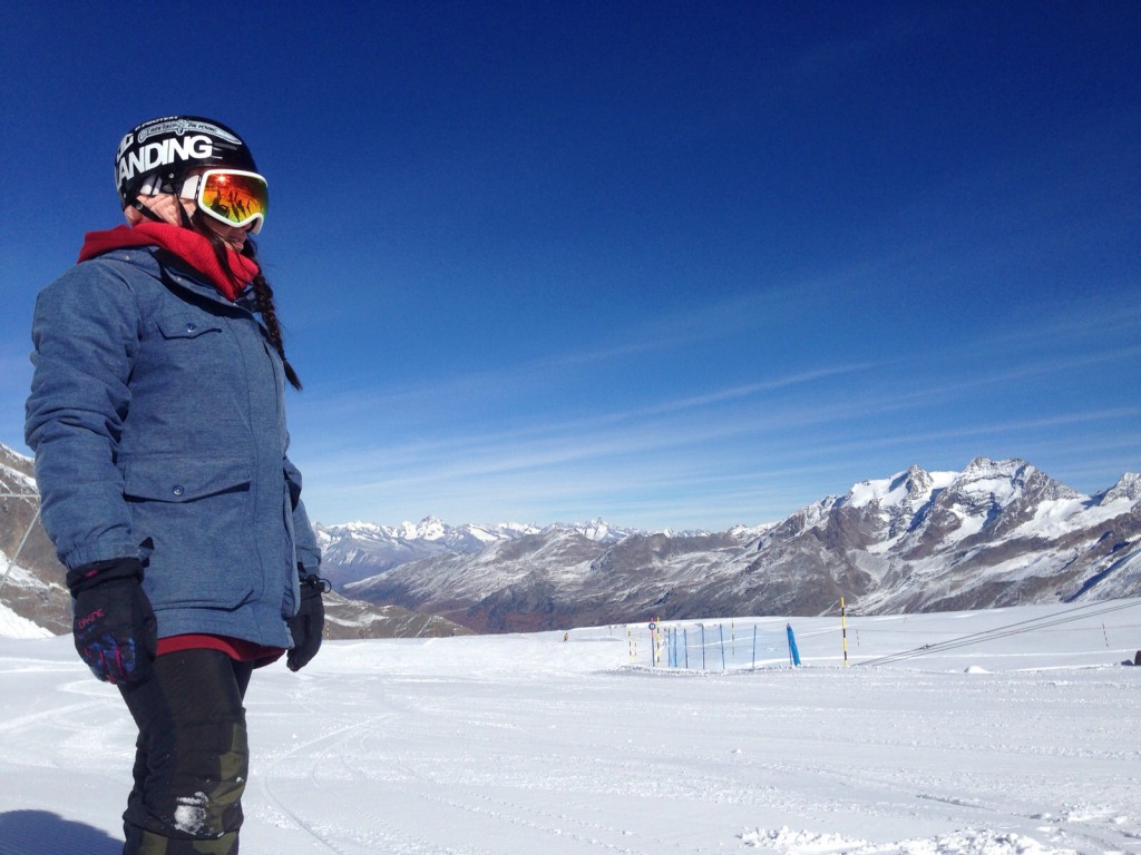 Our trainee snowboard instructor wrapped up warm on a cold but sunny day